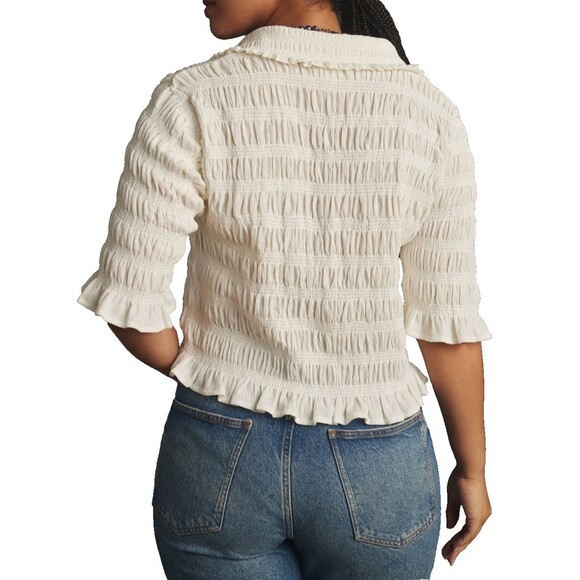 MAEVE Anthropologie Smocked Button Front Top XS Ivory Natural Cottagecore Chic - Picture 3 of 16